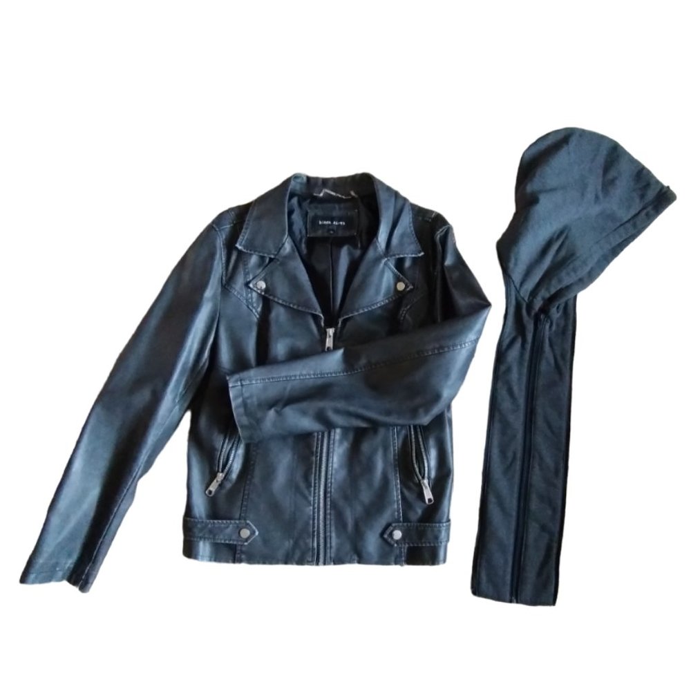 Black Rivet Vegan Leather Removable Hoodie Moto Jacket - Fits M - Carchoal/Black - Picture 4 of 16